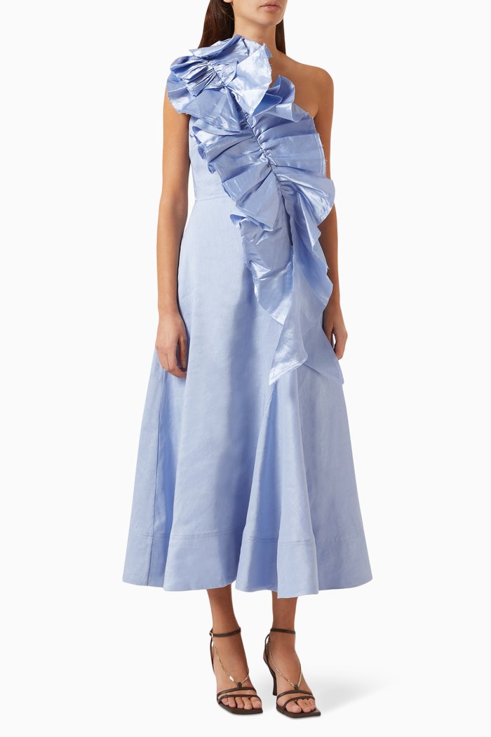 

Adelia One-shoulder Ruffled Midi Dress in Linen-blend, Blue