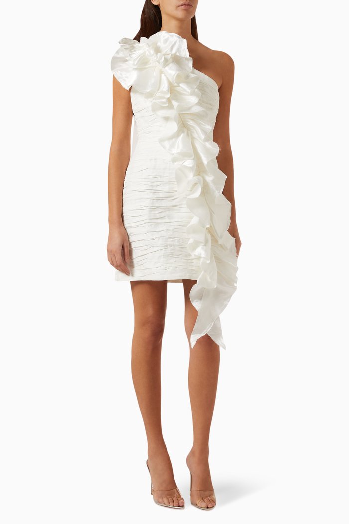 

Adelia One-shoulder Ruffled Mini Dress in Linen-blend, Neutral