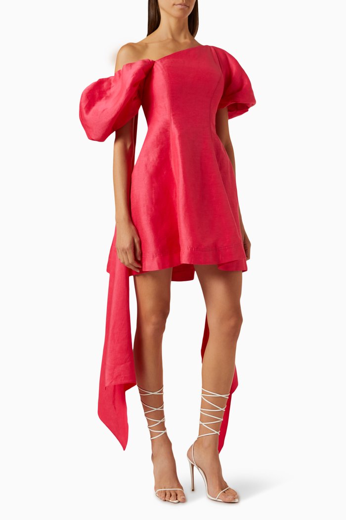 

Arista Tulip Sleeve Mini Dress in Linen-blend, Red