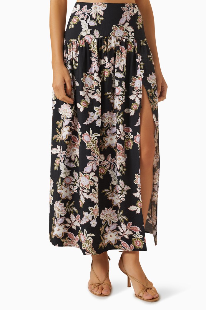 

Willow Floral-print Midi Skirt in Viscose-blend, Black