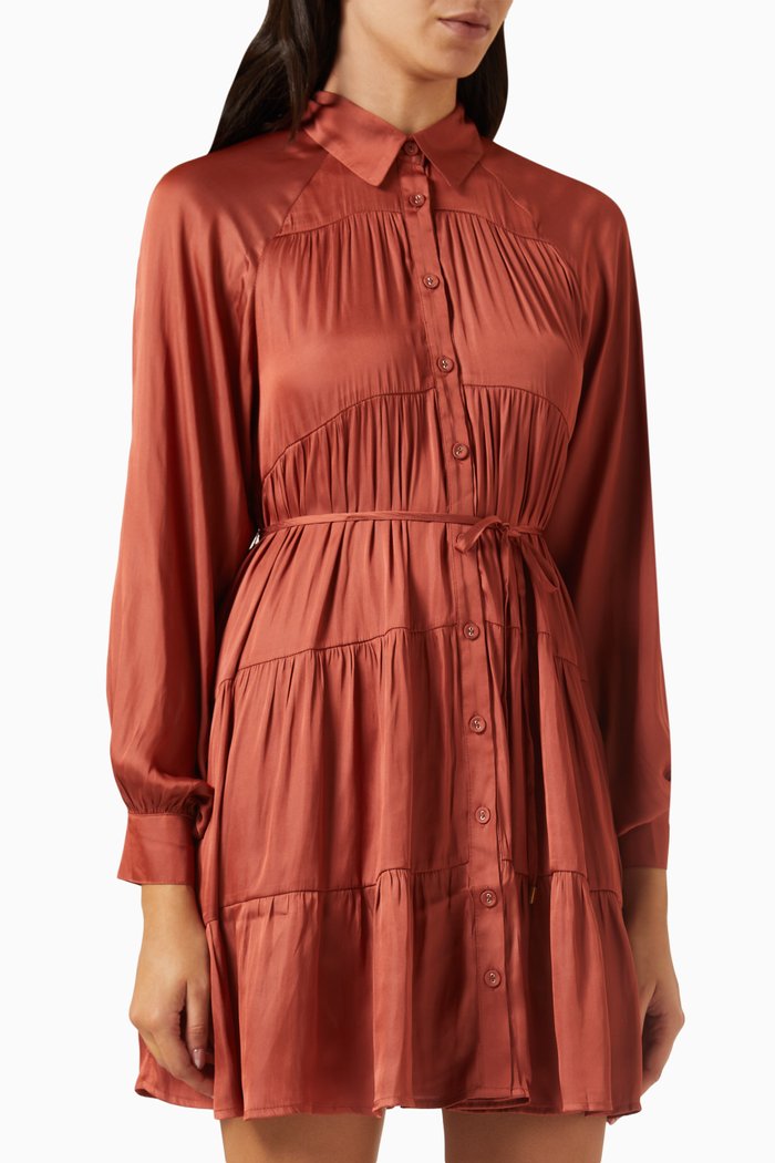 

Hannah Tiered Mini Dress in Satin, Orange