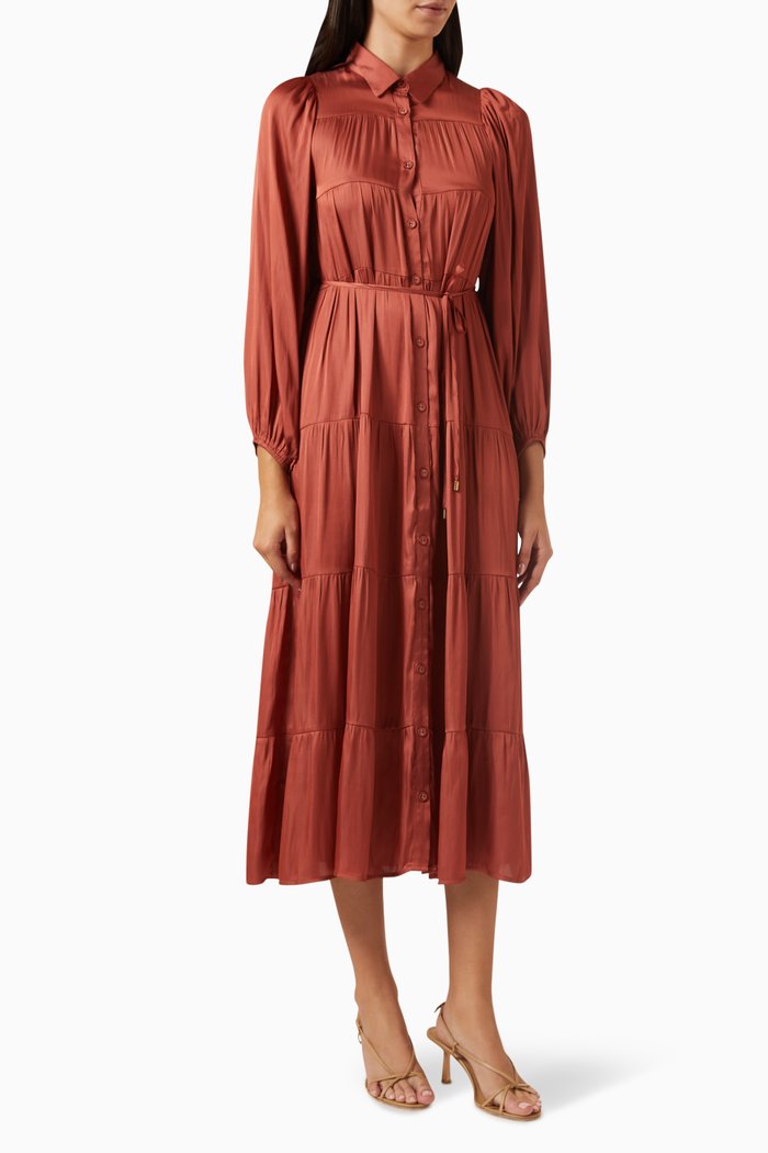 

Hannah Tiered Midi Dress in Satin, Orange