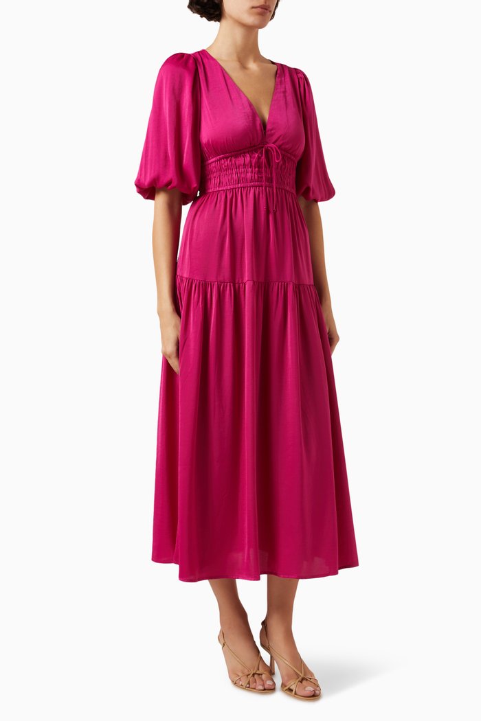 

Safira Tiered Midi Dress in Satin, Pink