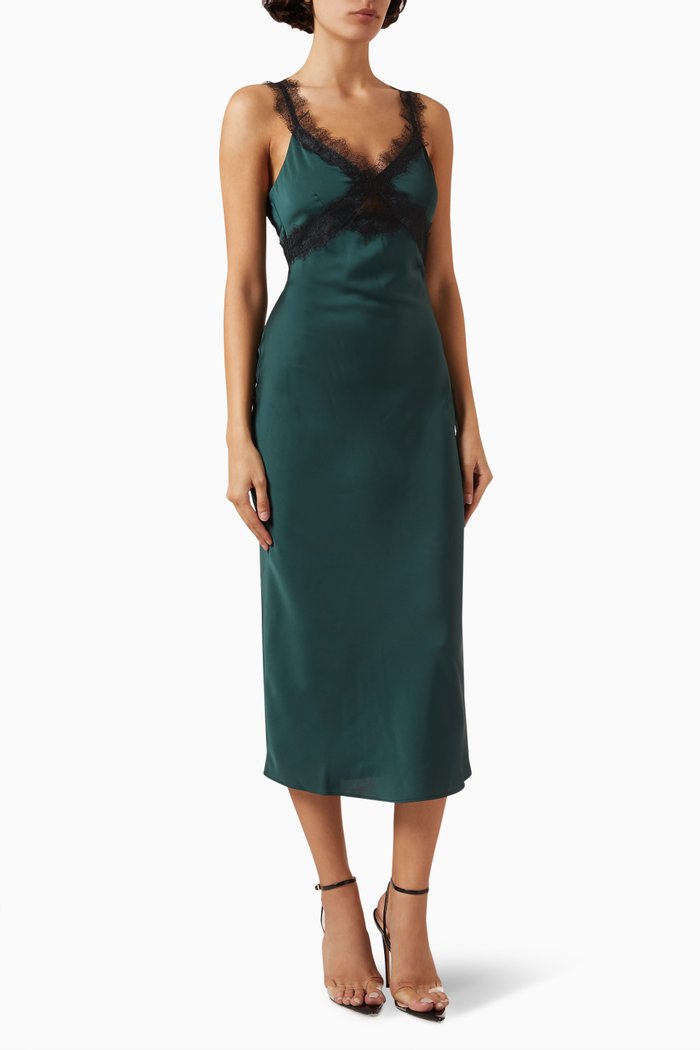 Erin Lace-trim Midi Dress in Satin, Green