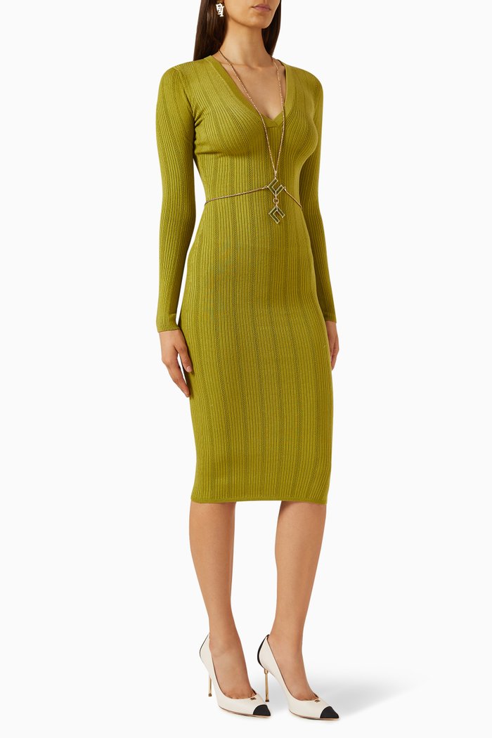 Midi Dress in Ribbed-knit, Green