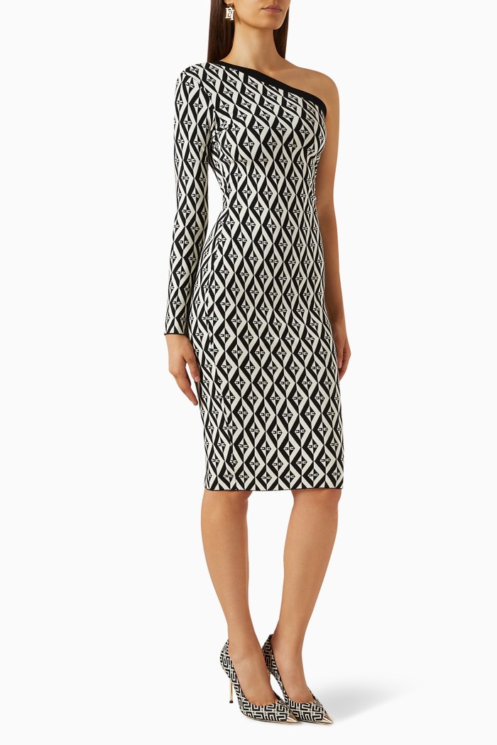 

One-shoulder Diamond-pattern Midi Dress in Knit, Black