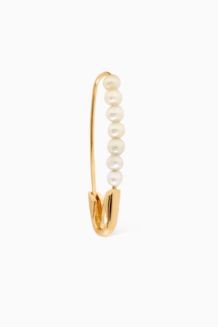 Friendship Safety Pin Pearl Single Earring in 14kt Gold, Yellow