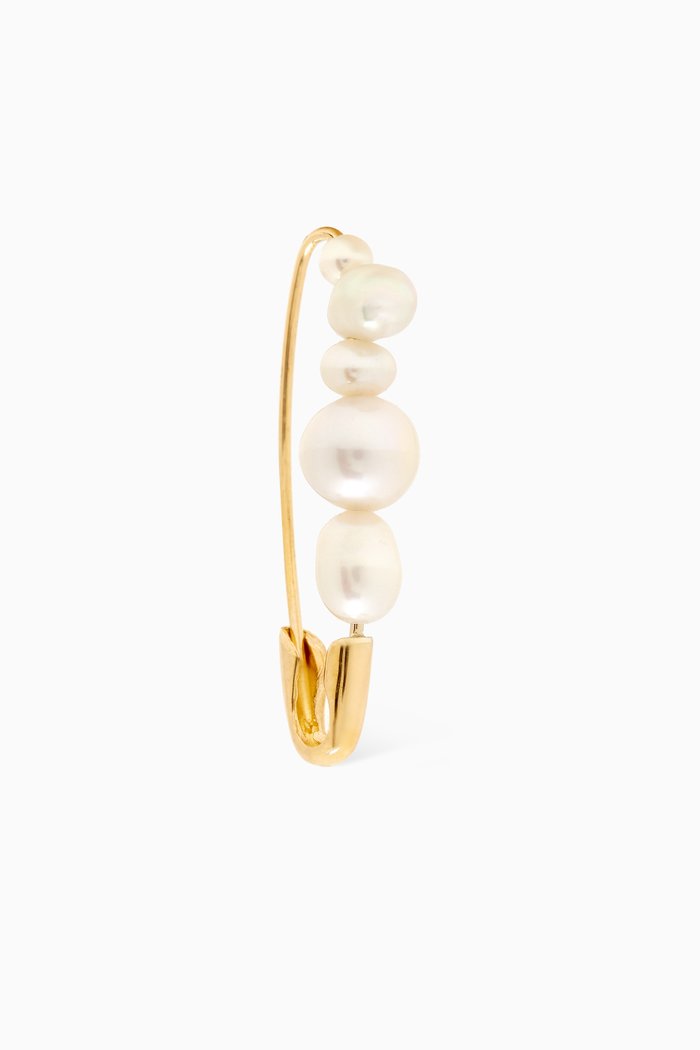 Safety Pin Mixed Pearl Single Earring in 14kt Gold, Yellow