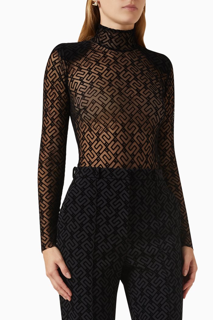 

High-collar Bodysuit in Tulle, Black