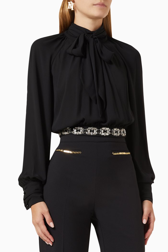 

Rhinestone Crop Blouse in Crepe, Black