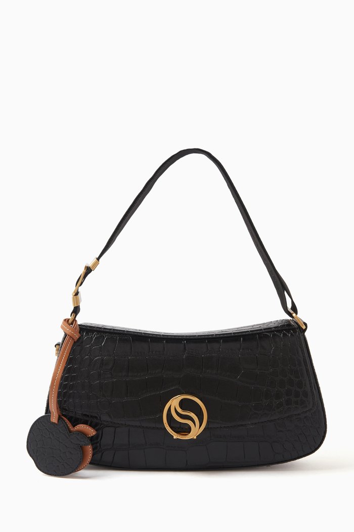 

S-Wave Croc-Effect Embossed Shoulder Bag, Black