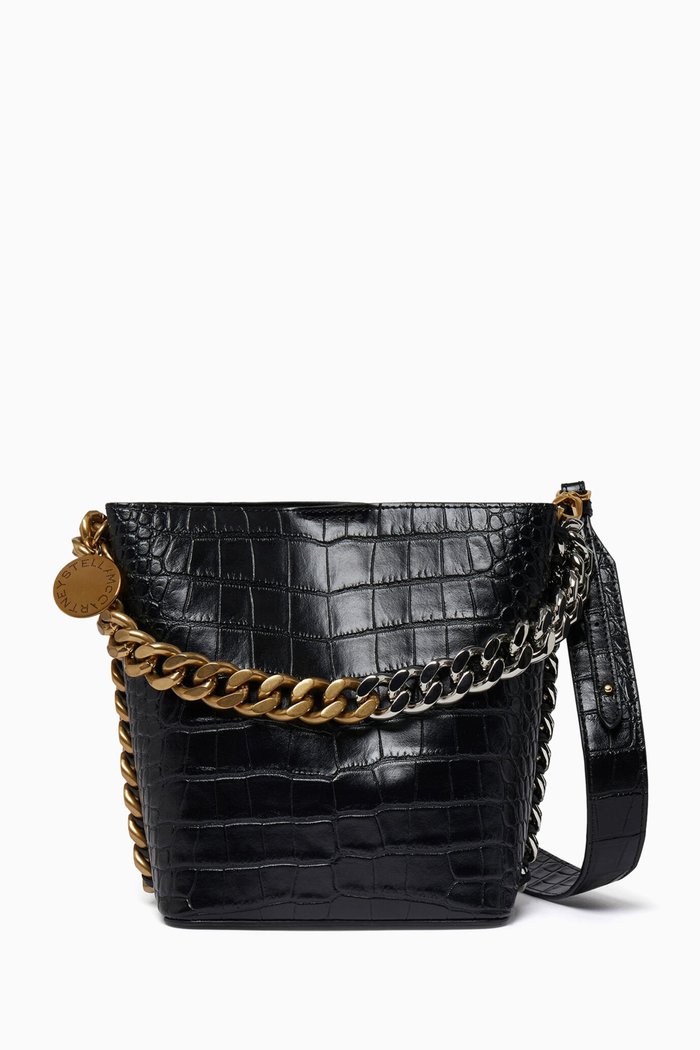 

Croc-embossed Bucket Bag in Faux Leather, Black