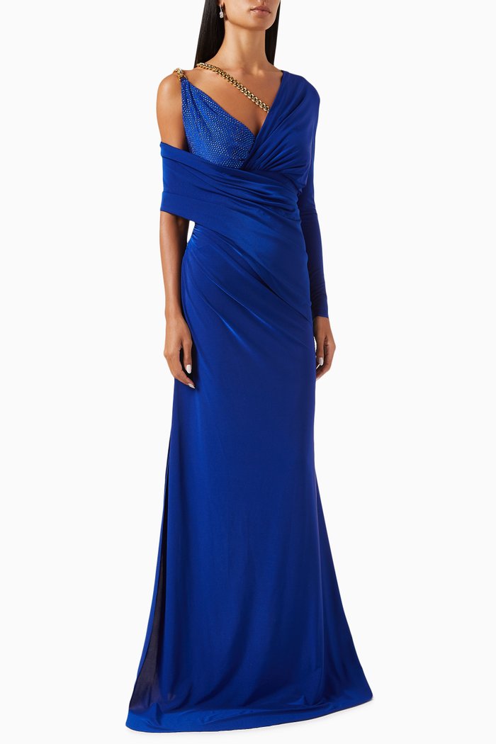 

Diamante Wrap Draped Maxi Dress in Stretch-polyester, Blue