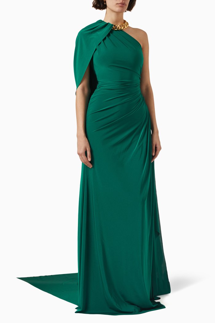 

Cape Shoulder Draped Gown in Jersey, Green