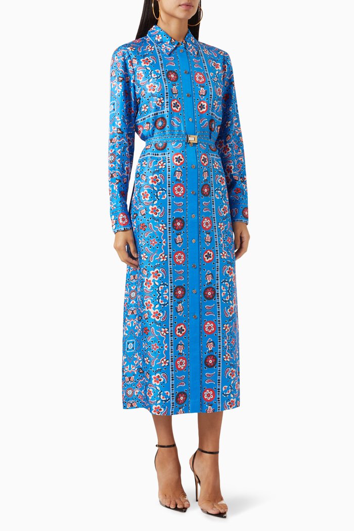 

Printed Midi Shirt Dress in Silk, Blue