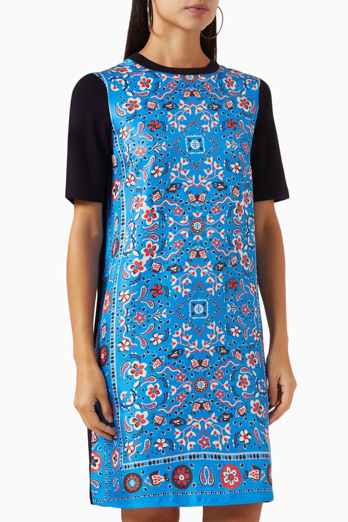 Printed Mini Sweater Dress in Wool & Silk, Blue