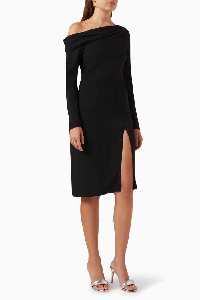 

Off-shoulder Midi Dress in Crêpe, Black