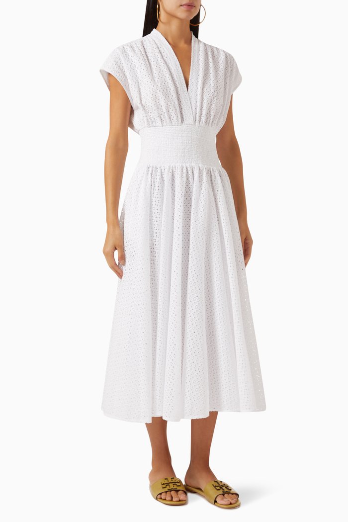 

Eyelet V-neck Midi Dress in Cotton, White