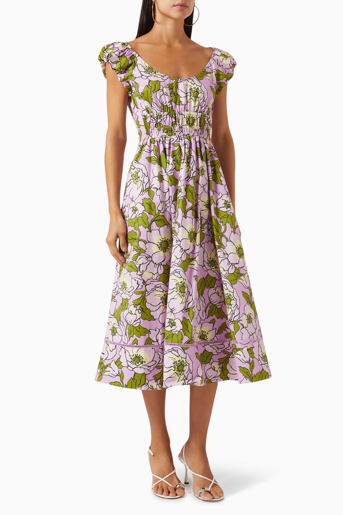 

Floral Printed Midi Dress in Cotton, Pink