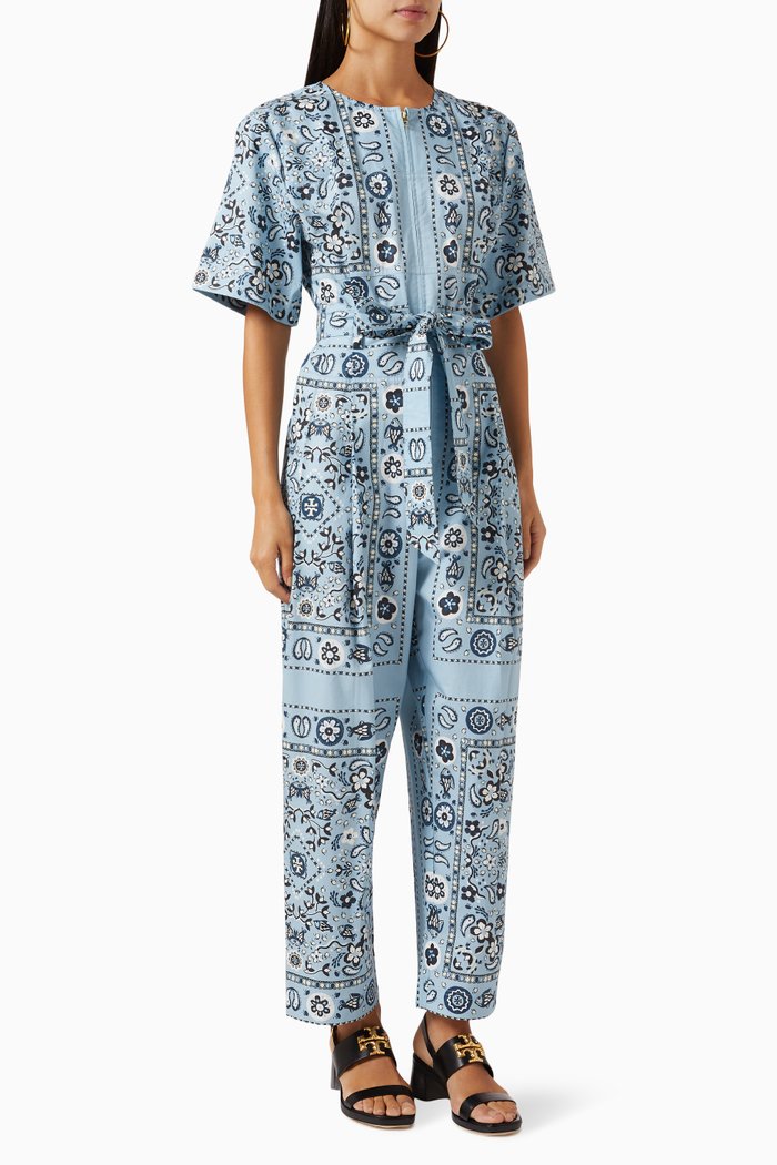 

Printed Belted Jumpsuit in Cotton, Blue
