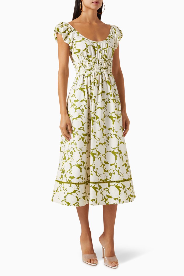 Floral Printed Midi Dress in Cotton, Green