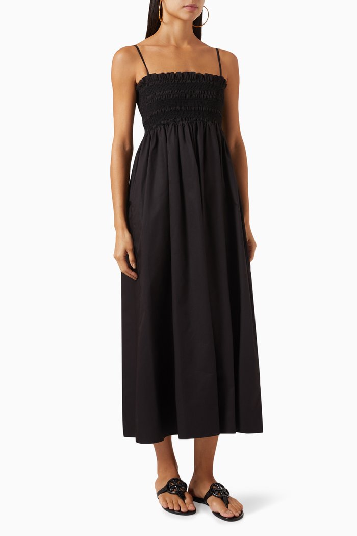 

Smocked Midi Dress in Cotton, Black