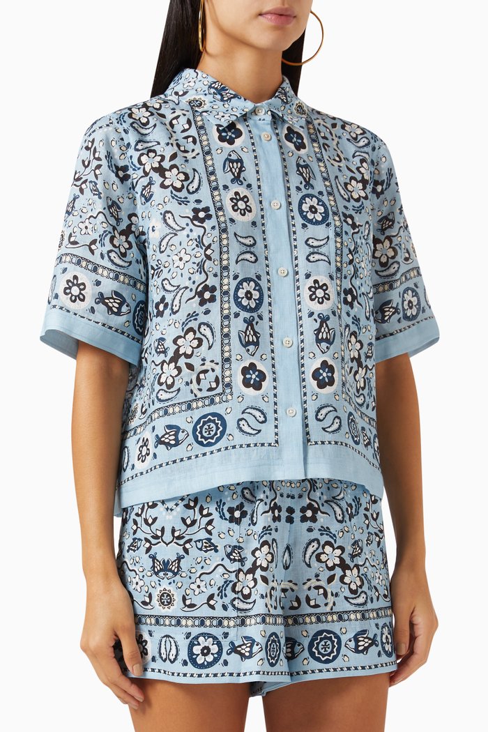 

Printed Cropped Camp Shirt in Linen, Blue