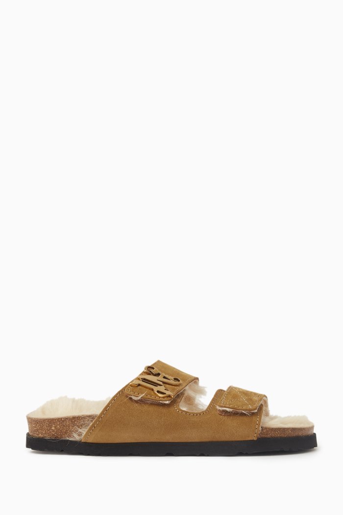 

PA Double Strap Logo Slide Sandals in Suede, Brown