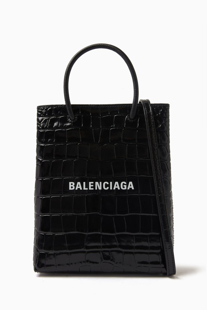 

Large Shopping Bag in Croc-embossed Leather, Black