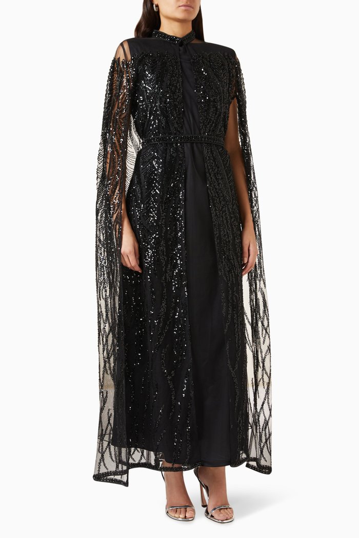 

Ishrat Cape & Dress Set in Net, Black