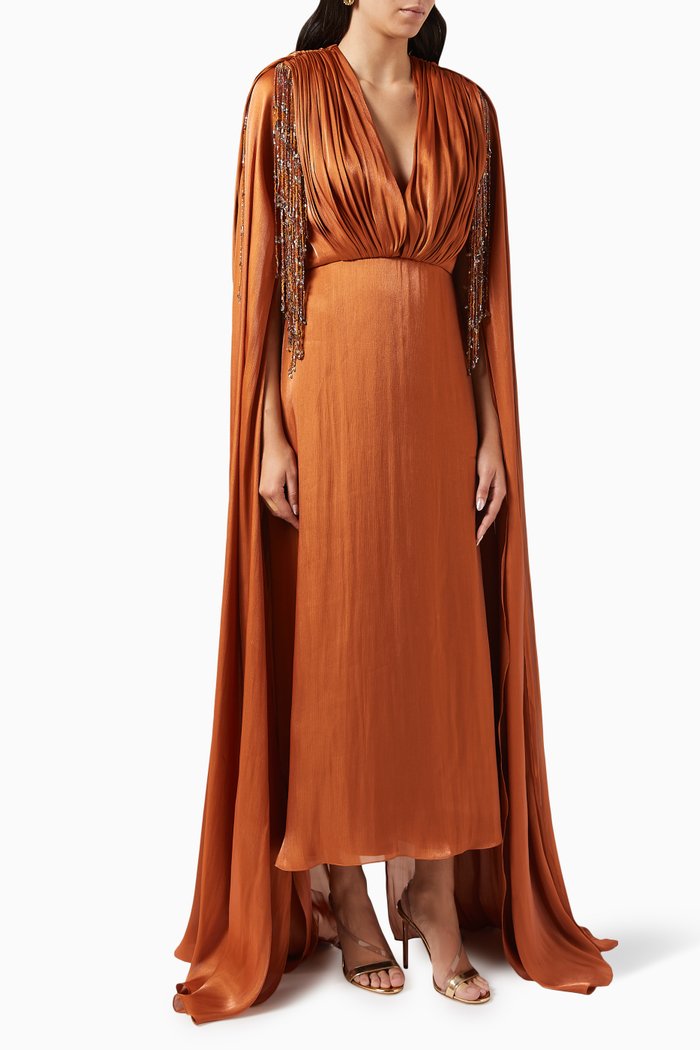 

Beyza Embellished Cape Dress in Chiffon, Orange