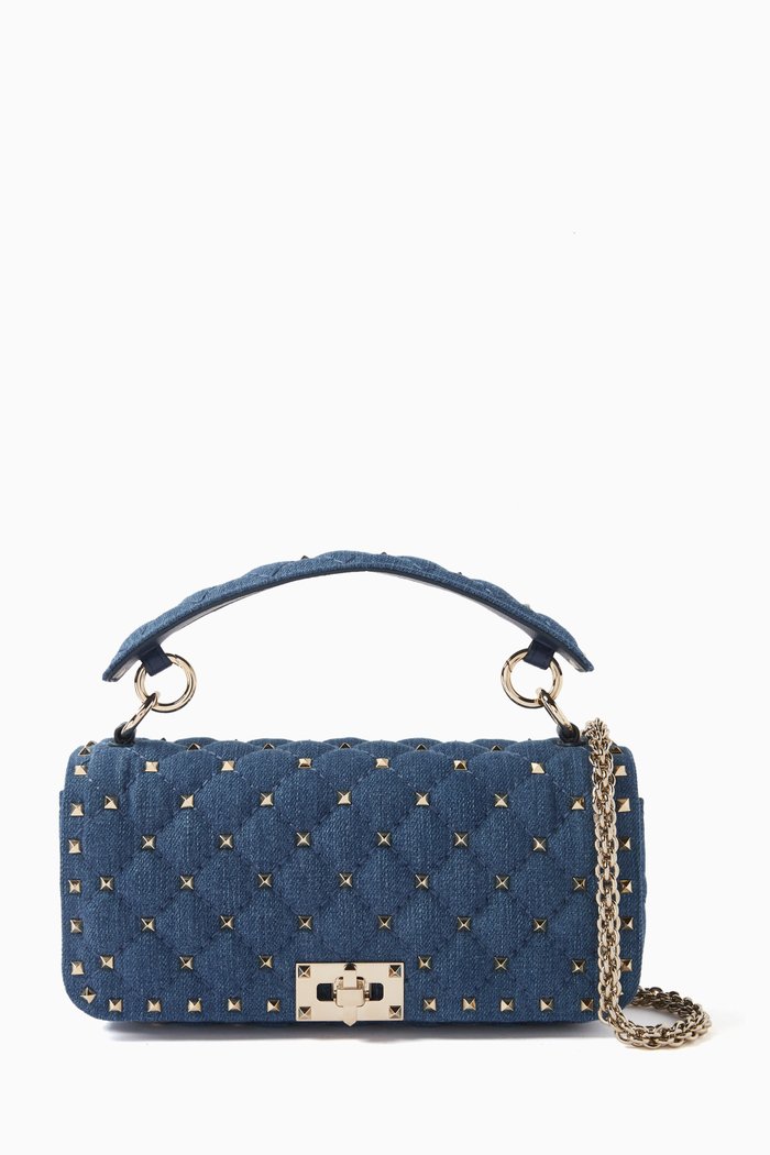 Valentino Garavani Rockstud Spike Shoulder Bag in Quilted Denim, Blue