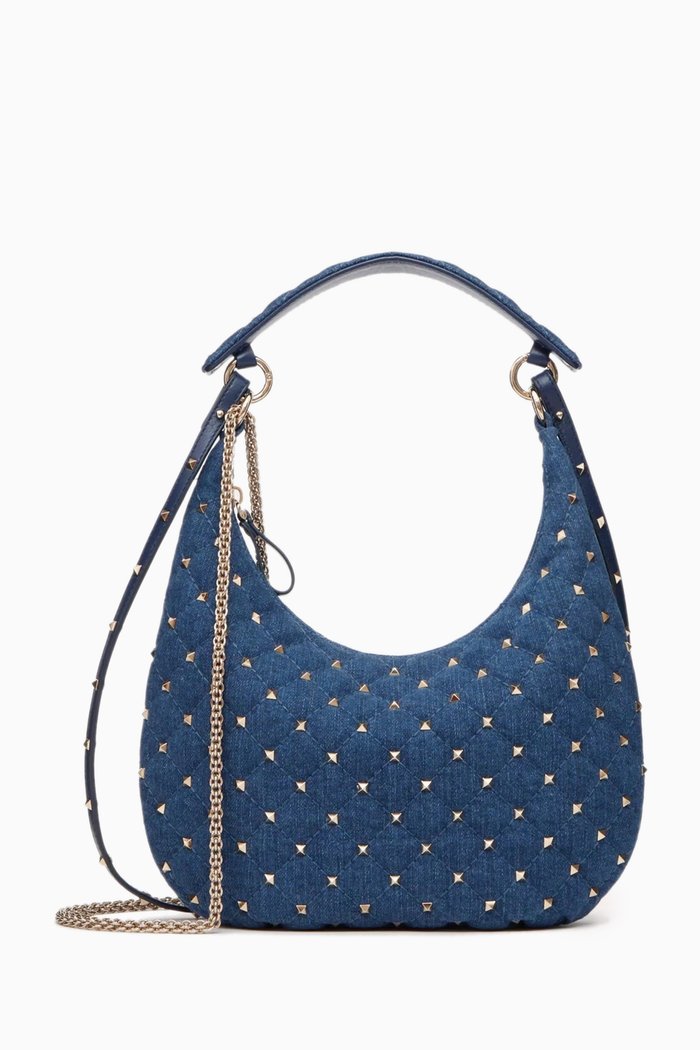 

Valentino Garavani Small Rockstud Spike Hobo Bag in Quilted Denim, Blue