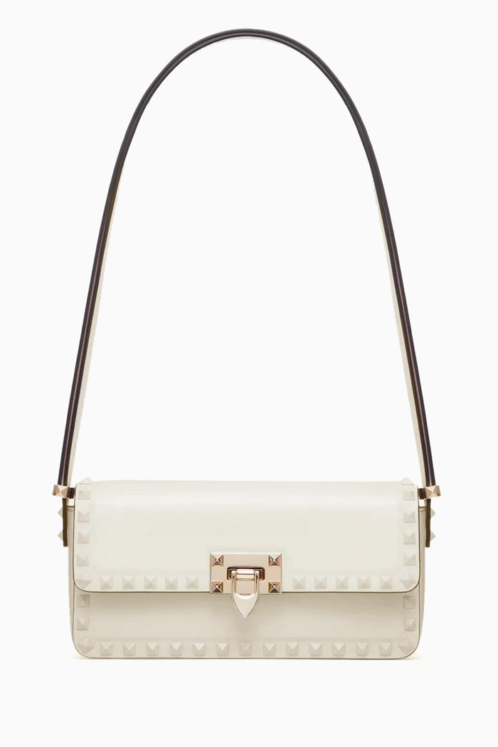 Valentino Garavani Rockstud 23 East-West Shoulder Bag in Calfskin Leather, Neutral
