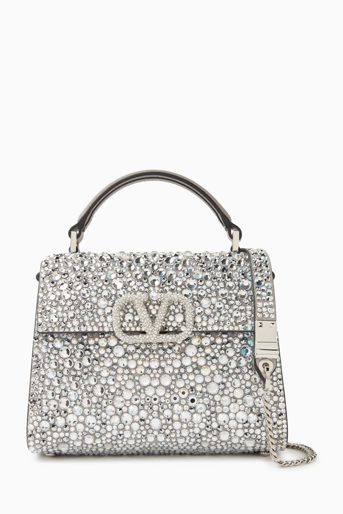 

Valentino Garavani VSLING Mini Top-handle Bag in Rhinestone, Silver