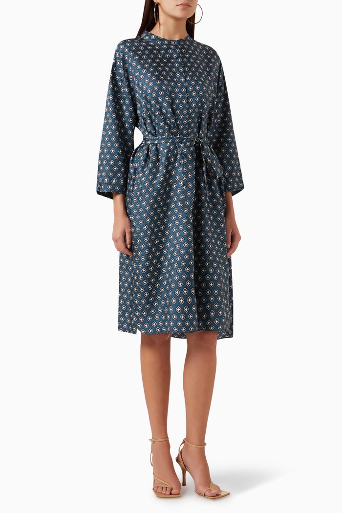 Time Belted Dress in Silk, Blue