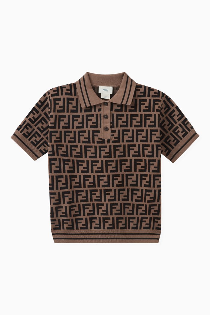 

FF Logo Print Polo Shirt in Viscose-blend, Brown