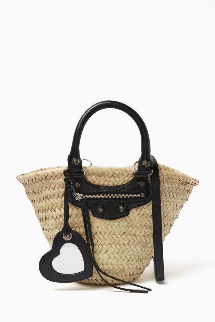 

Small Le Cagole Basket Shoulder Bag in Raffia & Leather, Black