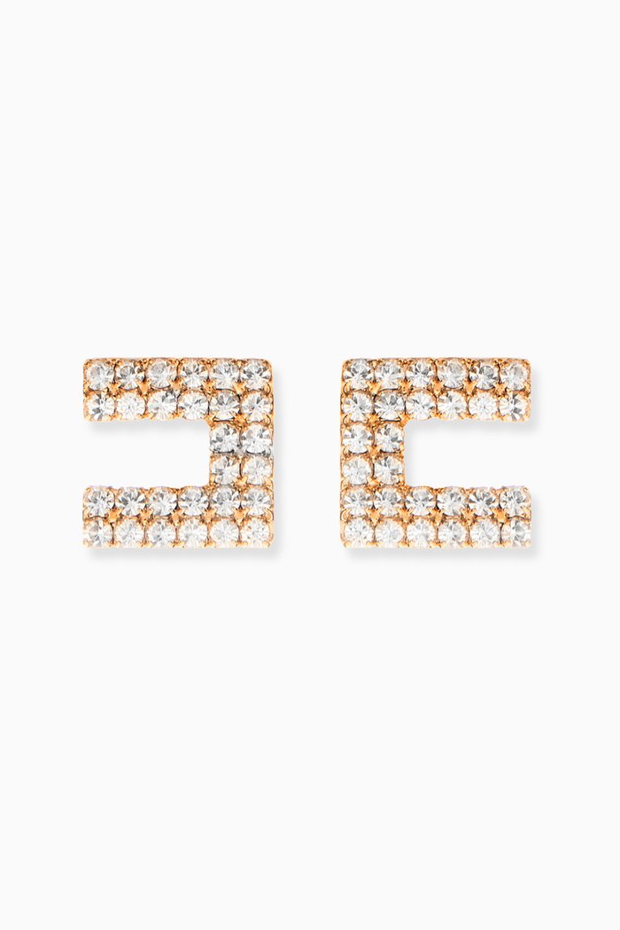 

Logo Rhinestone Clip Earrings in Metal, Gold