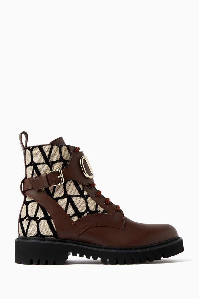 

Valentino Garavani VLOGO Toile Iconograph Combat Boots in Monogram Canvas, Brown