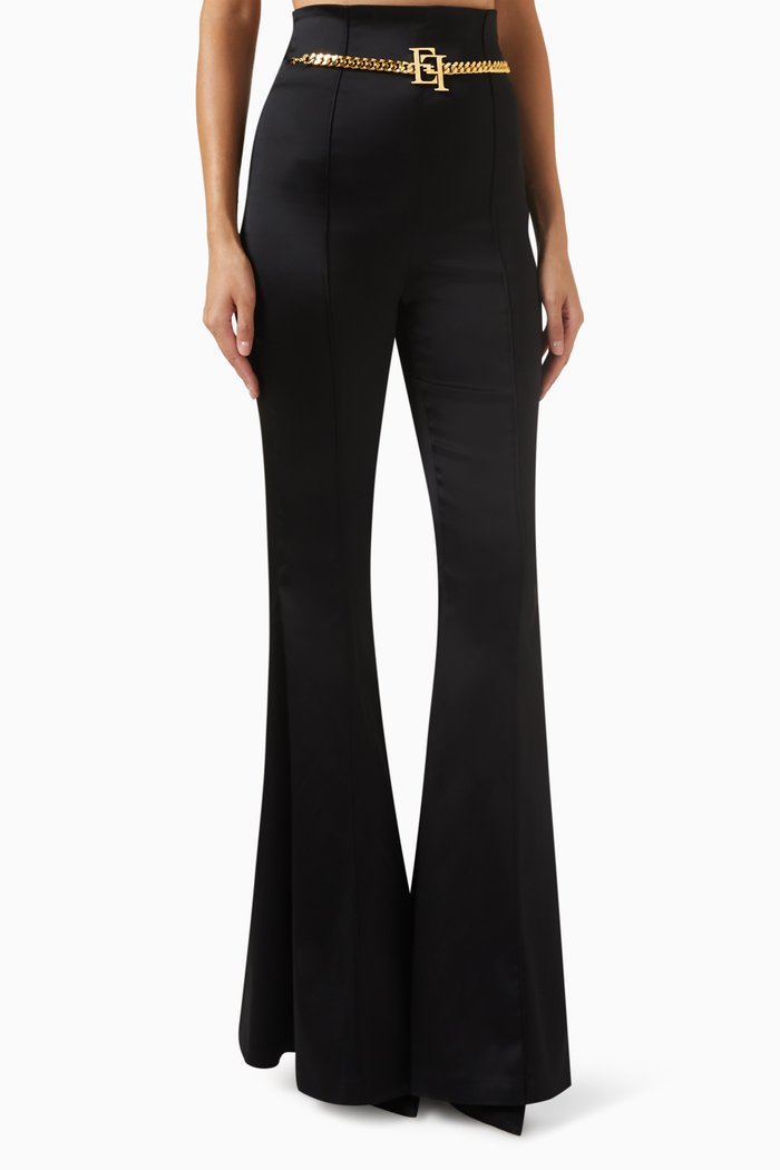 

High-waist Logo-chain Pants in Stretch-satin, Black