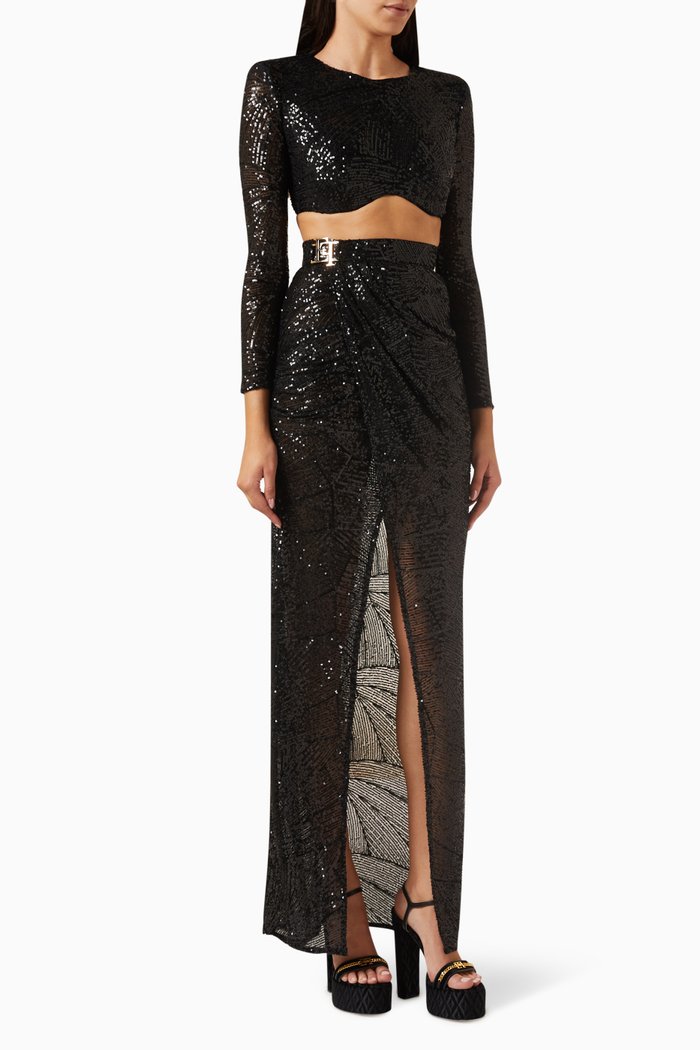 Crop Top & Maxi Skirt Set in Sequins, Black
