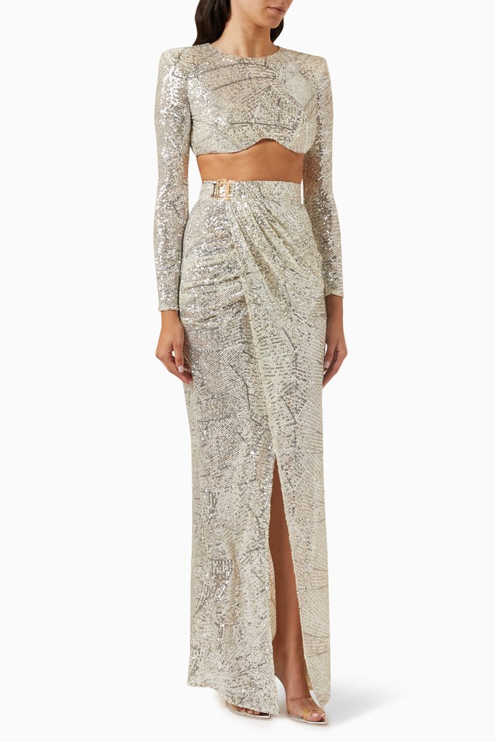 

Crop Top & Maxi Skirt Set in Sequins, Silver