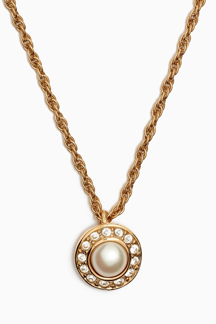 

1980s Faux Pearl & Crystal Pendant Necklace, Gold