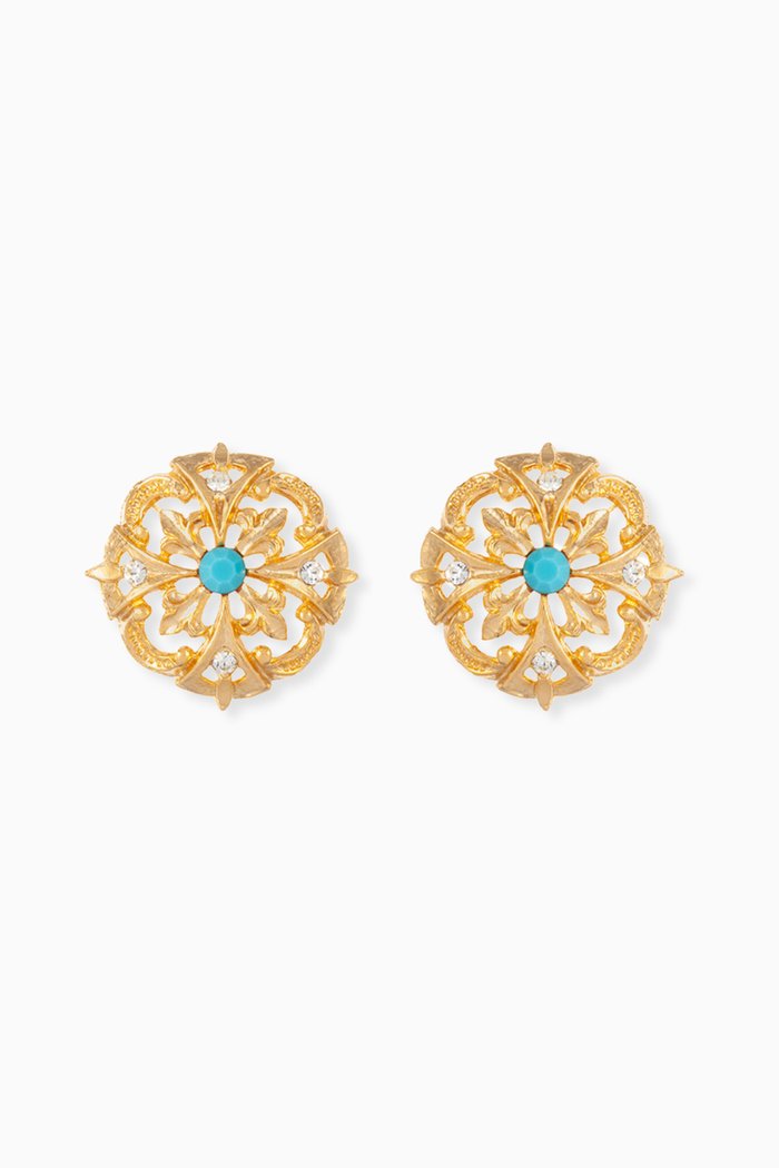 

Rediscovered 1980s Ornate Faux Turquoise Clip-on Earrings, Gold
