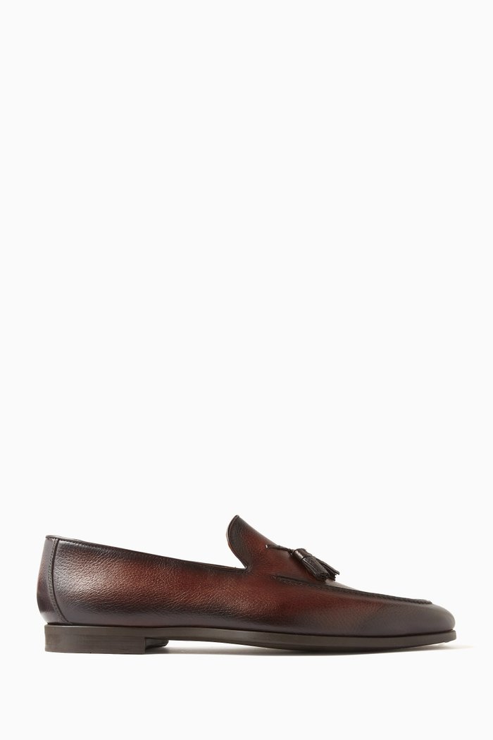 

Aston Tasseled Penny Loafers in Leather, Brown