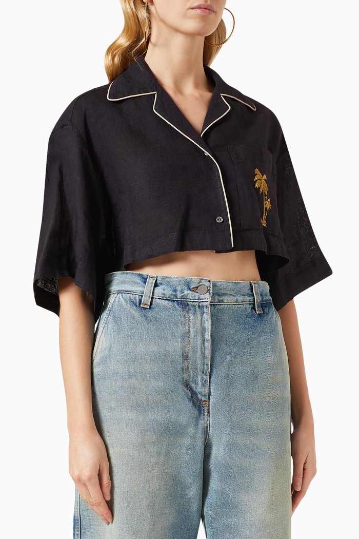 

Logo Cropped Bowling Shirt in Linen, Black