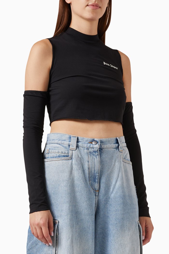 

Logo Cut-out Mockneck Top in Stretch Cotton, Black