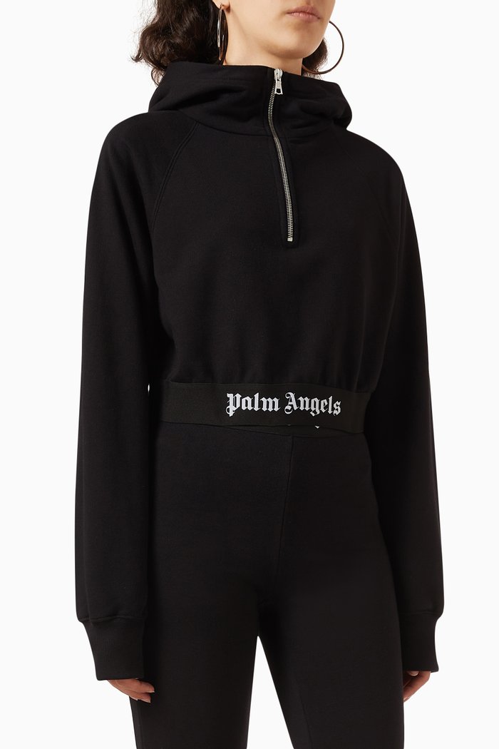 

Logo-tape Zipped Crop Hoodie in Cotton, Black