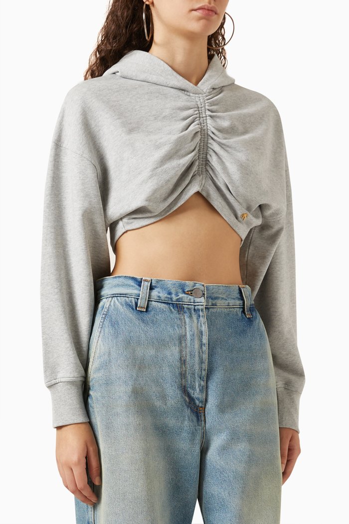 Ruched Crop Hoodie in Cotton, Grey